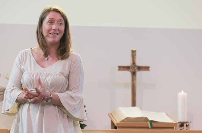 Lay pastor Brigit Hofheinz gives the sermon during worship at the United Methodist Church of the Redeemer in Munich. Photo by Mike DuBose, UMNS.