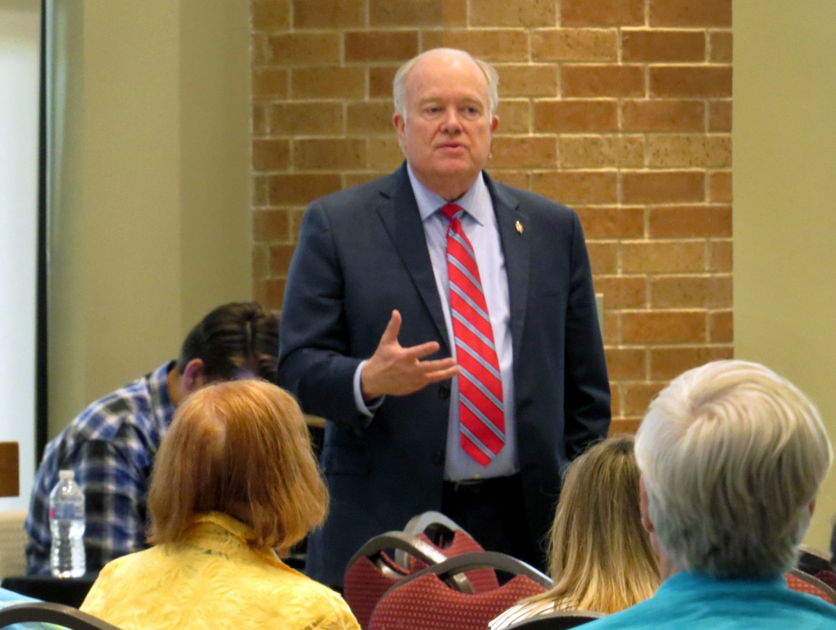 North Texas Conference Bishop Mike McKee leads discussion about the Commission on a Way Forward. McKee has been holding a series of meetings across the conference, and this was one held April 12, 2018, at First United Methodist Church in Richardson, Texas. Photo by Sam Hodges, UMNS.