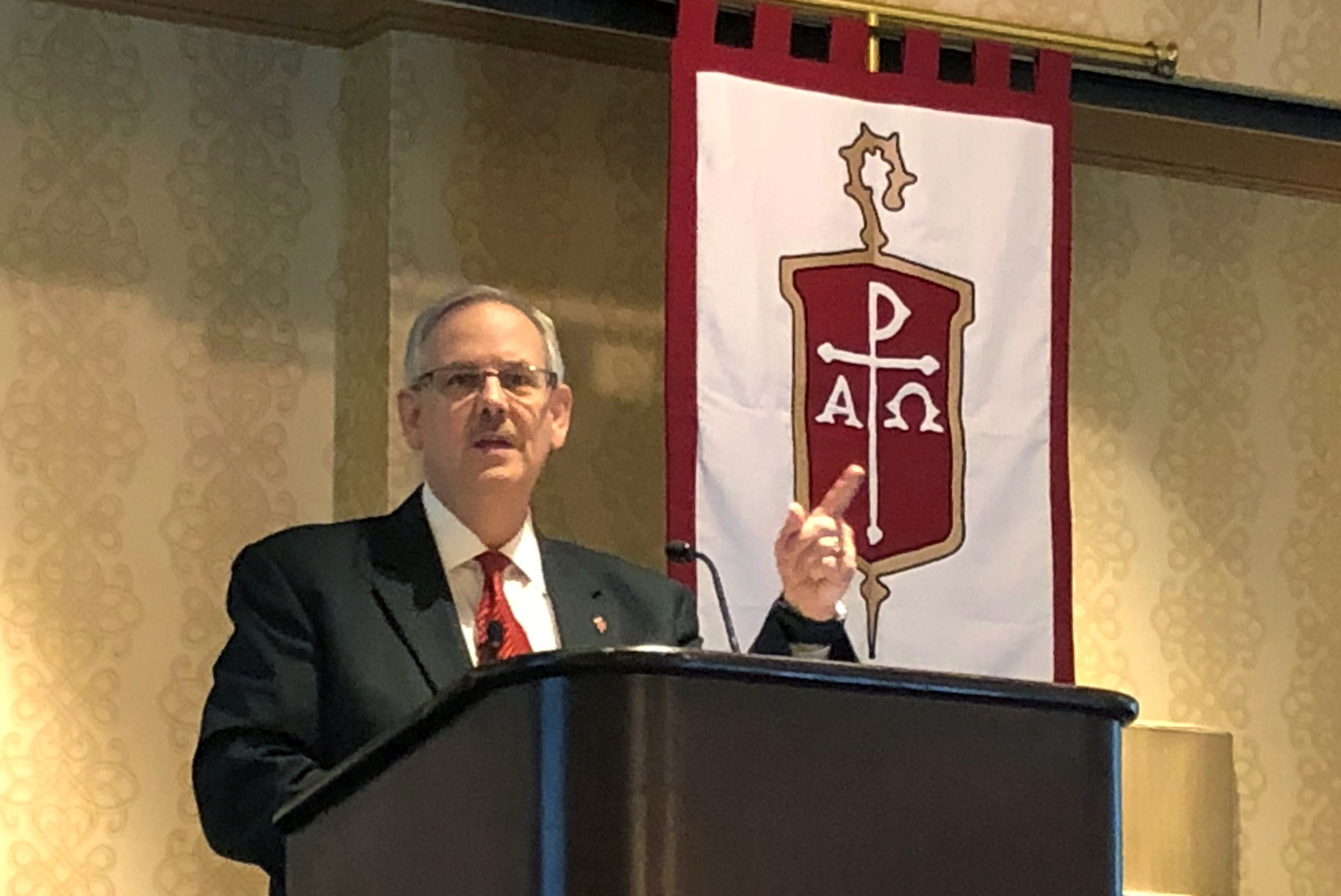 Bishop Bruce R. Ough gives his address April 29 at the spring 2018 meeting of the Council of Bishops in Chicago. Photo by Anne Marie Gerhardt, Northern Illinois Conference.
