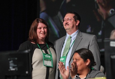 The Rev. Gary Graves of the Kentucky Conference, and his wife Jennifer, are recognized following his election as the incoming Secretary of the General Conference  at the United Methodist 2016 General Conference in Portland, Ore. 