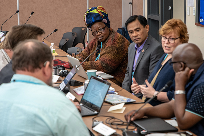 Members of the Education and Innovation Committee, part of the Commission on General Conference, meet in a small group. Photo by Art McClanahan, Iowa Conference.