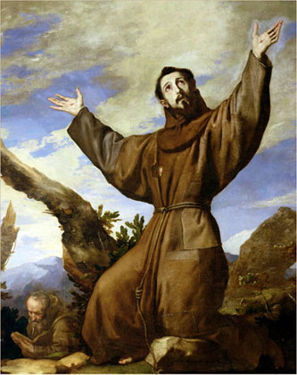 St. Francis has been widely painted in prayer and blessing animals. This oil painting by Jusepe de Ribera was created in 1642 and is titled 