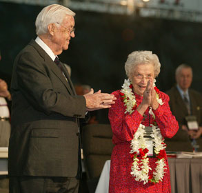 Bishop James K. Matthews applauds his wife on the occasion of her 90th birthday during the 2004 General Conference in Pittsburgh. A UMNS file photo by Mike DuBose.