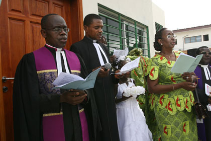 The Jubilee United Methodist Church Choir, led by Serge Melloh, sings during the consecration of The Voice of Hope radio station in Abidjan, Côte d’Ivoire. UMNS photos by Tim Tanton.