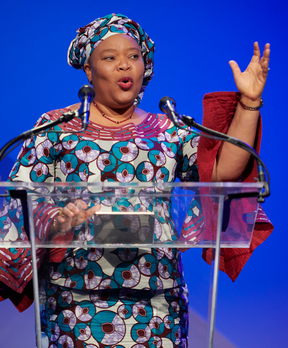 Activist Leymah Gbowee addresses the assembly. She received the Nobel Peace Prize in 2011 for her work in leading a women’s peace movement that brought an end to the Second Liberian Civil War in 2003. Photo by Paul Jeffrey for United Methodist Women.