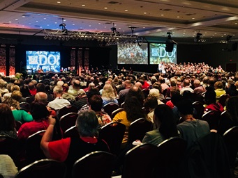 Members of the 2018 Michigan Annual Conference meet in Traverse City, Mich. Conferences, including Michigan, voted on resolutions that signal their aspirations for the special General Conference in 2019. Photo by Kathleen Barry, UMNS. Members of the 2018 Michigan Annual Conference meet in Traverse City, Mich. Conferences, including Michigan, voted on resolutions that signal their aspirations for the special General Conference in 2019. Photo by Kathleen Barry, UMNS.