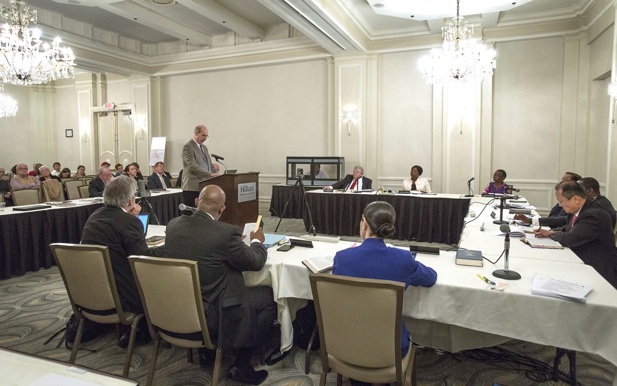 The Rev. Gary George, Commission on General Conference, speaks before members of the United Methodist Judicial Council during a May 22 oral hearing. The court held a special session in Evanston, Ill. The court heard arguments about whether United Methodist organizations, clergy or lay members should be able to submit petitions for the special General Conference in 2019. Photo by Kathleen Barry, UMNS The Rev. Gary George, Commission on General Conference, speaks before members of the United Methodist Judicial Council during a May 22 oral hearing. The court held a special session in Evanston, Ill. The court heard arguments about whether United Methodist organizations, clergy or lay members should be able to submit petitions for the special General Conference in 2019. Photo by Kathleen Barry, UMNS