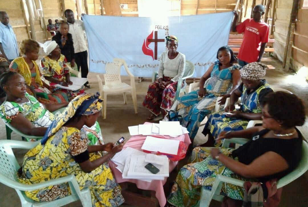 Women gather during a peace-building workshop in Rutshuru, Congo. The United Methodist Church is playing a role in mediation efforts in the Rutshuru Territory of the DRC, which has been plagued by tribal and land conflicts. Photo by Philippe Kituka Lolonga, UMNS.