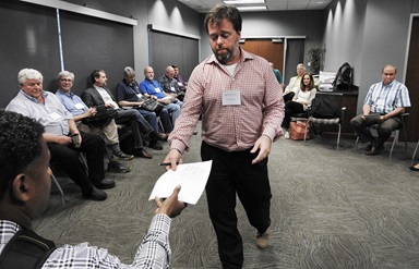 Lonnie Chafin of the Northern Illinois Conference, leads strategy session of General Conference delegates attending the Uniting Methodists meeting in Dallas on July 17, 2018. The Uniting Methodists are supporting the One Church Plan, one of at least three legislative proposals likely to be considered at the special General Conference set for Feb. 23-26, 2019, in St. Louis. Photo by Sam Hodges, UMNS Lonnie Chafin of the Northern Illinois Conference, leads strategy session of General Conference delegates attending the Uniting Methodists meeting in Dallas on July 17, 2018. The Uniting Methodists are supporting the One Church Plan, one of at least three legislative proposals likely to be considered at the special General Conference set for Feb. 23-26, 2019, in St. Louis. Photo by Sam Hodges, UMNS
