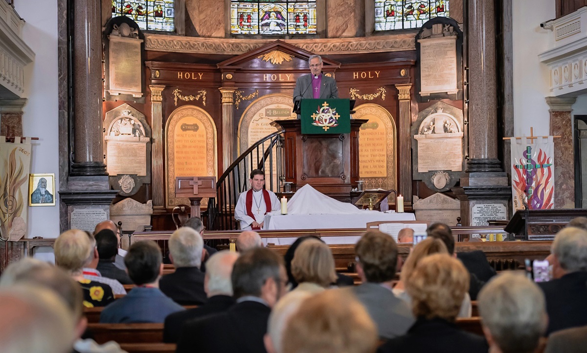 United Methodist Bishop Bruce Ough preaches from the pulpit at historic Wesley’s Chapel in London during the opening worship service of a 50th anniversary celebration of the concordat agreement between the United Methodist and British Methodist churches. Photo by Alex Baker.