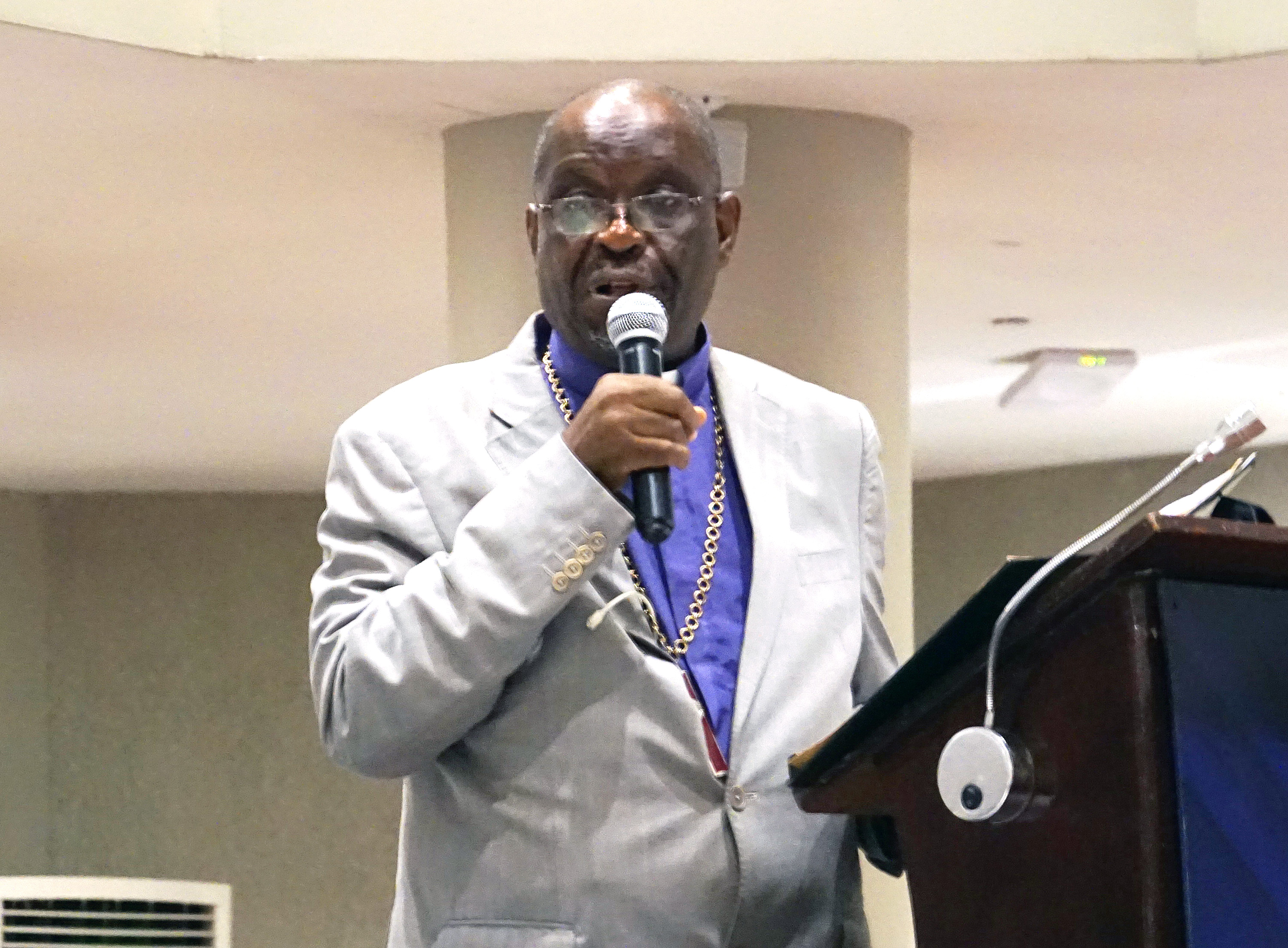  Bishop Arnold C. Temple speaks during the African College of Bishops meeting Sept. 4-7, 2018, in Freetown, Sierra Leone. Temple is president of the All Africa Conference of Churches. Photo by Danny Mai, United Methodist Communications.