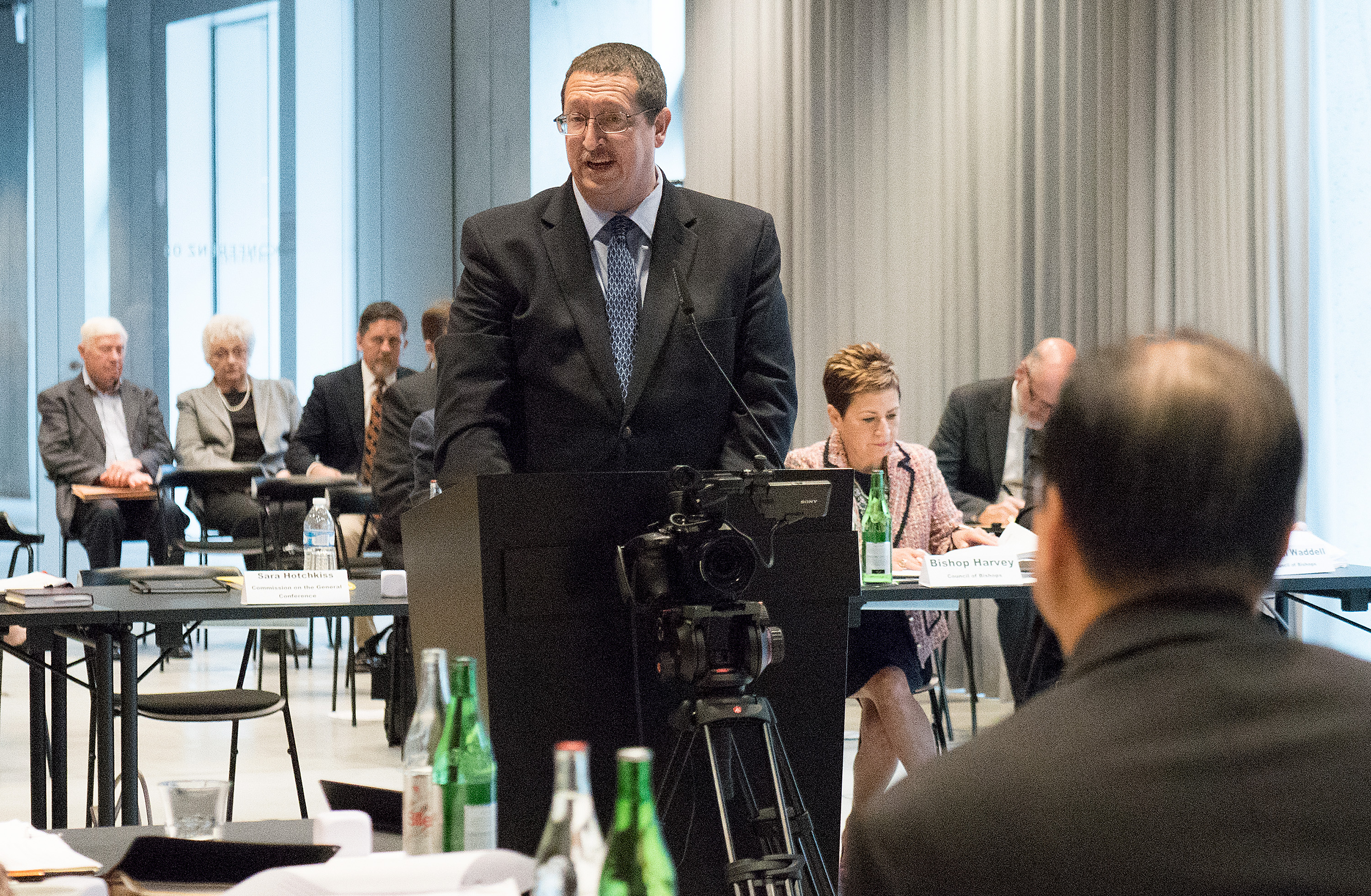 The Rev. Gary Graves, secretary of the General Conference, addresses the Judicial Council on the question of whether the denomination’s top legislative assembly has the authority to expel a delegate for violating General Conference rules, regardless of whether a reserve delegate would be available to fill that vacancy. Photo by Diane Degnan, UMCom.