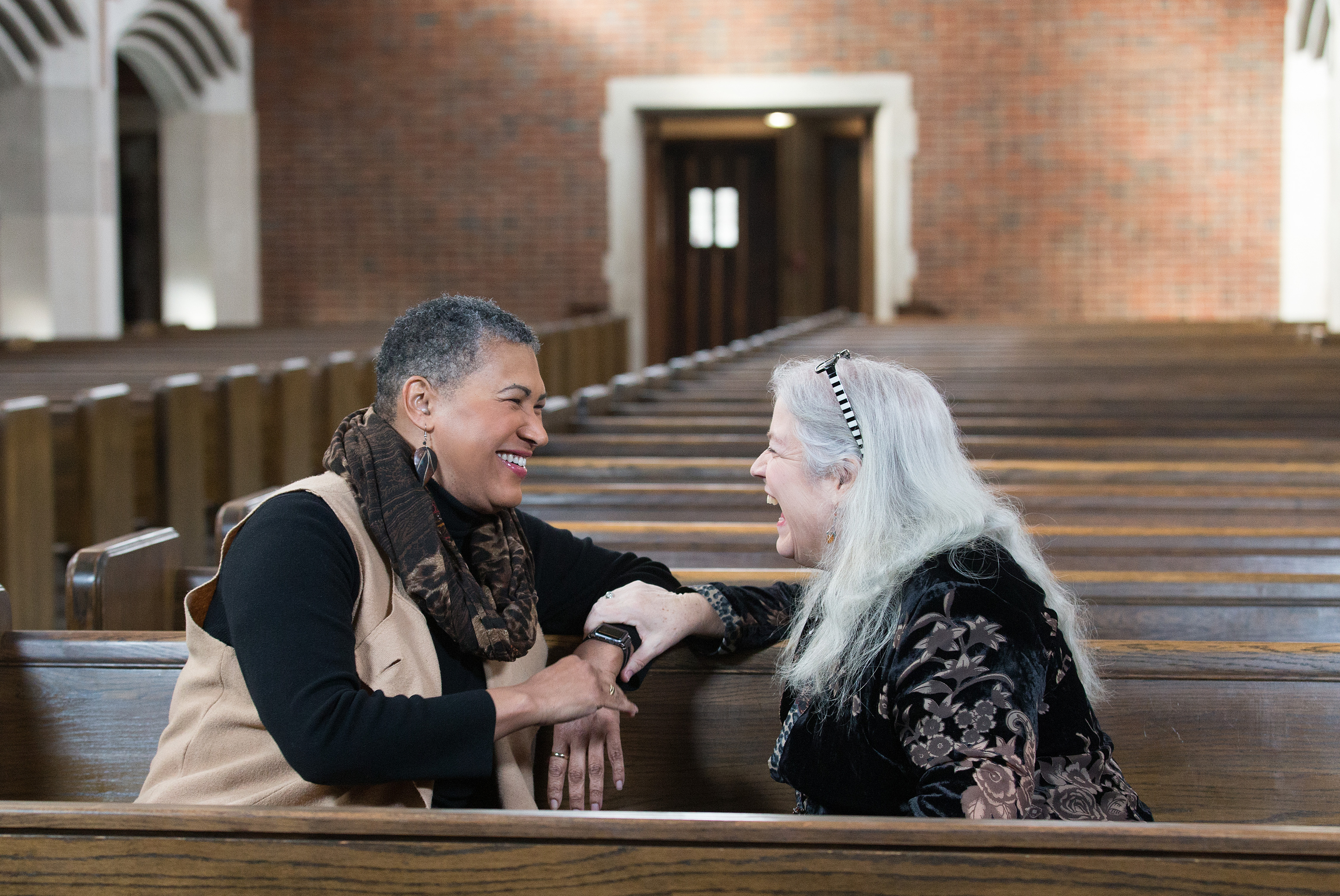 The Rev. Joy J. Moore (left) and Bonnie Wheeler talk about values, laws, marriage and the Bible as part of a new video series from the United Methodist Commission on Religion and Race. Photo by Mike DuBose, UMNS.