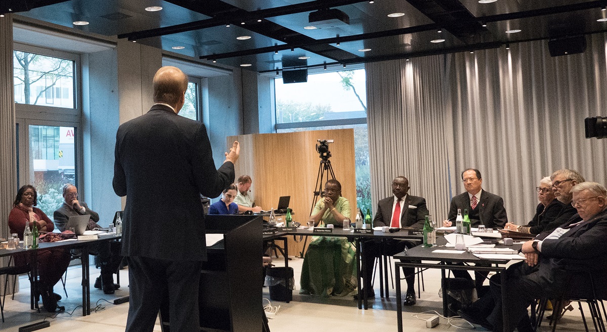 Bishop Kenneth H. Carter Jr. addresses the United Methodist Judicial Council meeting in Zurich on Oct. 23. Carter is president of the denomination's Council of Bishops. Photo by Diane Degnan, UMCom.