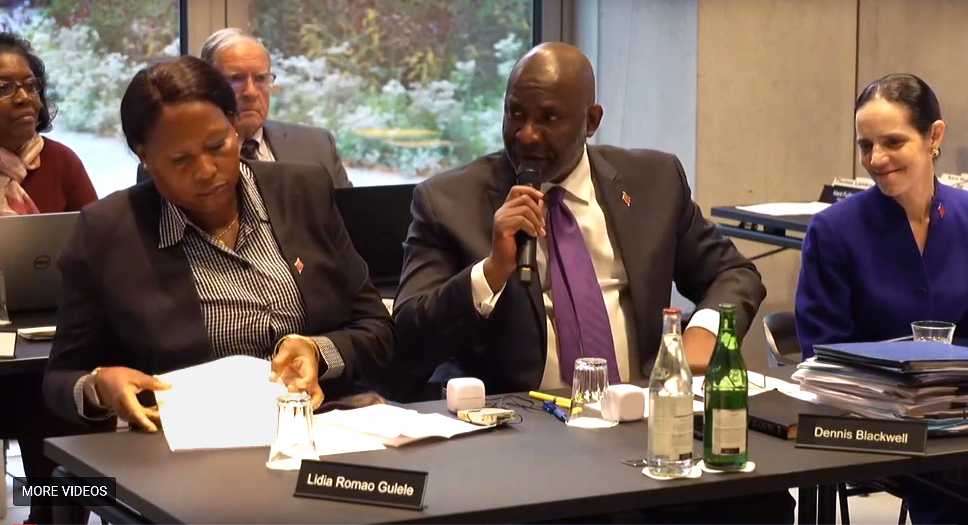 Judicial Council members ask questions during an oral hearing on Oct. 23 in Zurich. From left are members Lídia Romão Gulele, the Rev. Dennis Blackwell and Beth Capen. Screengrab from oral hearings video. 