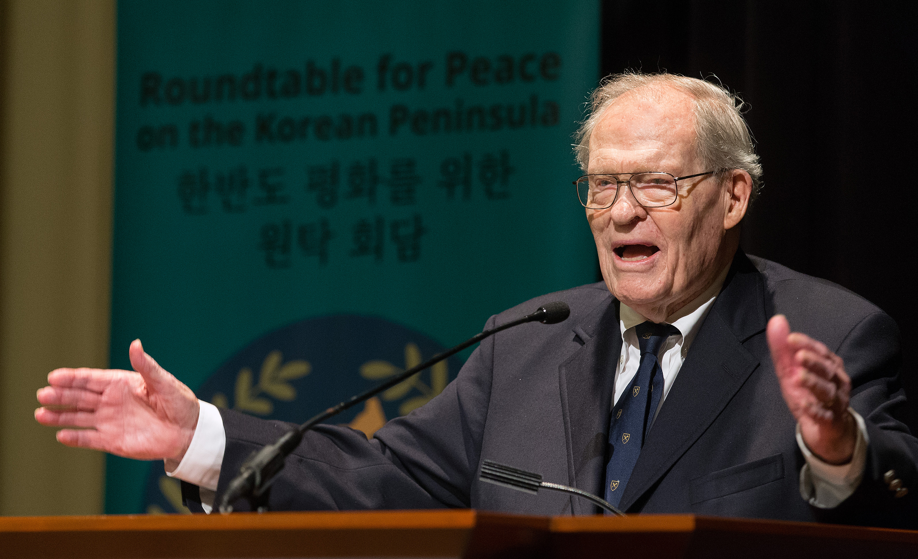 The Rev. James T. Laney speaks during the Roundtable for Peace on the Korean Peninsula in Atlanta. Laney is former U.S. Ambassador to South Korea and former dean of the Candler School of Theology. Photo by Mike DuBose, UMNS.