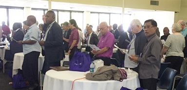 Filipino bishops worship with their colleagues during the United Methodist Council of Bishops November meeting on St. Simons Island, Ga. The Filipino bishops urged United Methodists in the Philippines to continue in holy conversation and prayer leading up to the 2019 General Conference. Photo by Heather Hahn, UMNS. Filipino bishops worship with their colleagues during the United Methodist Council of Bishops November meeting on St. Simons Island, Ga. The Filipino bishops urged United Methodists in the Philippines to continue in holy conversation and prayer leading up to the 2019 General Conference. Photo by Heather Hahn, UMNS.