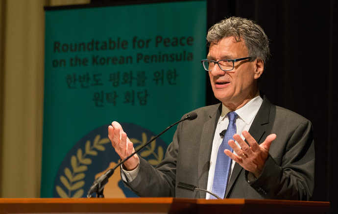 Thomas Kemper, top staff executive of the United Methodist Board of Global Ministries, welcomes delegates to the Roundtable for Peace on the Korean Peninsula in Atlanta. Photo by Mike DuBose, UMNS.