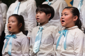 The children's choir from the Korean Church of Atlanta United Methodist Church rehearses at Grace United Methodist Church in Atlanta during the Roundtable for Peace on the Korean Peninsula. Photo by Mike DuBose, UMNS.