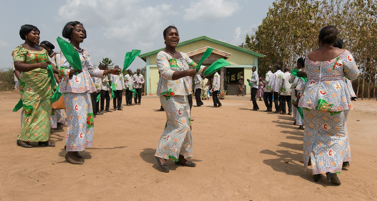 Members of the choir welcome visitors to the newly constructed United Methodist church in Gouabo, Côte d'Ivoire.