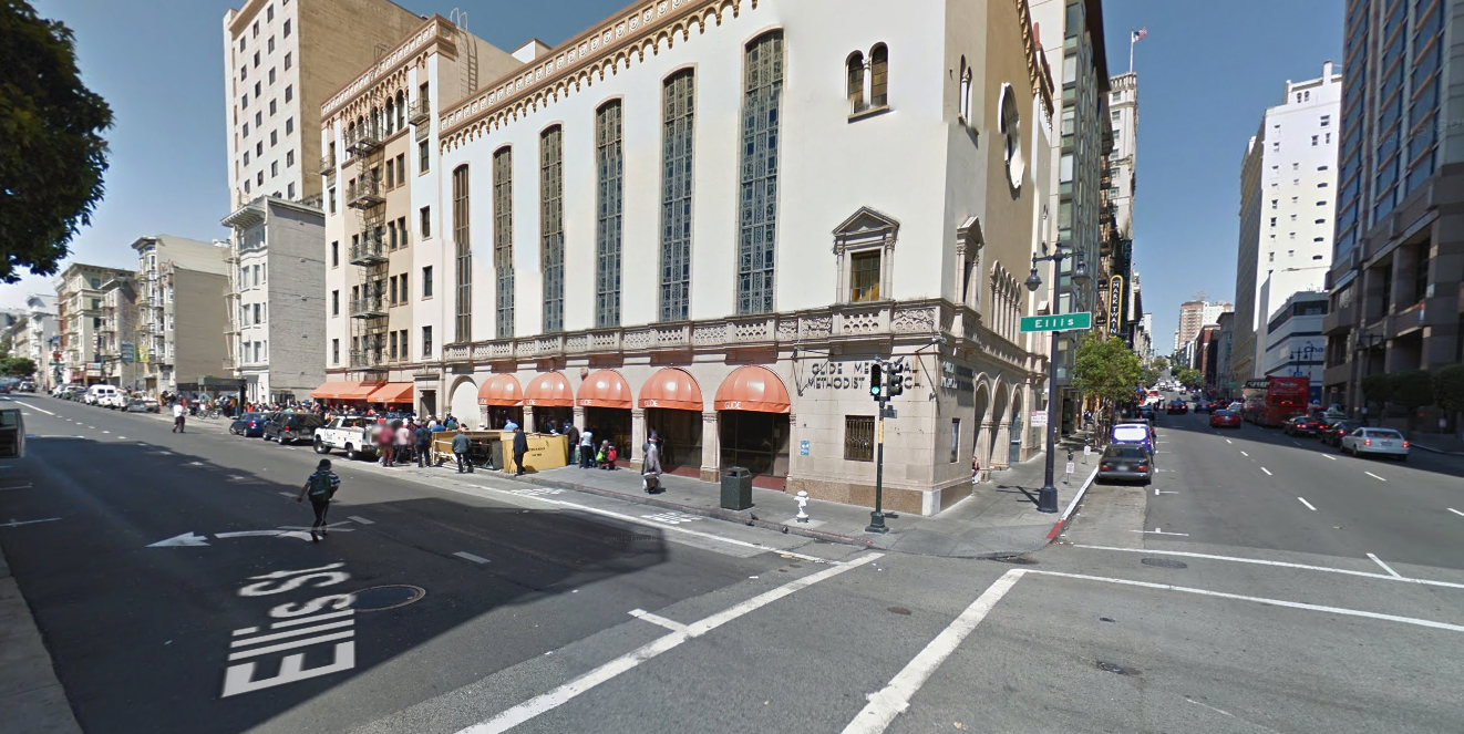 Exterior of Glide Memorial United Methodist Church in San Francisco. Photo courtesy of Google street view. 