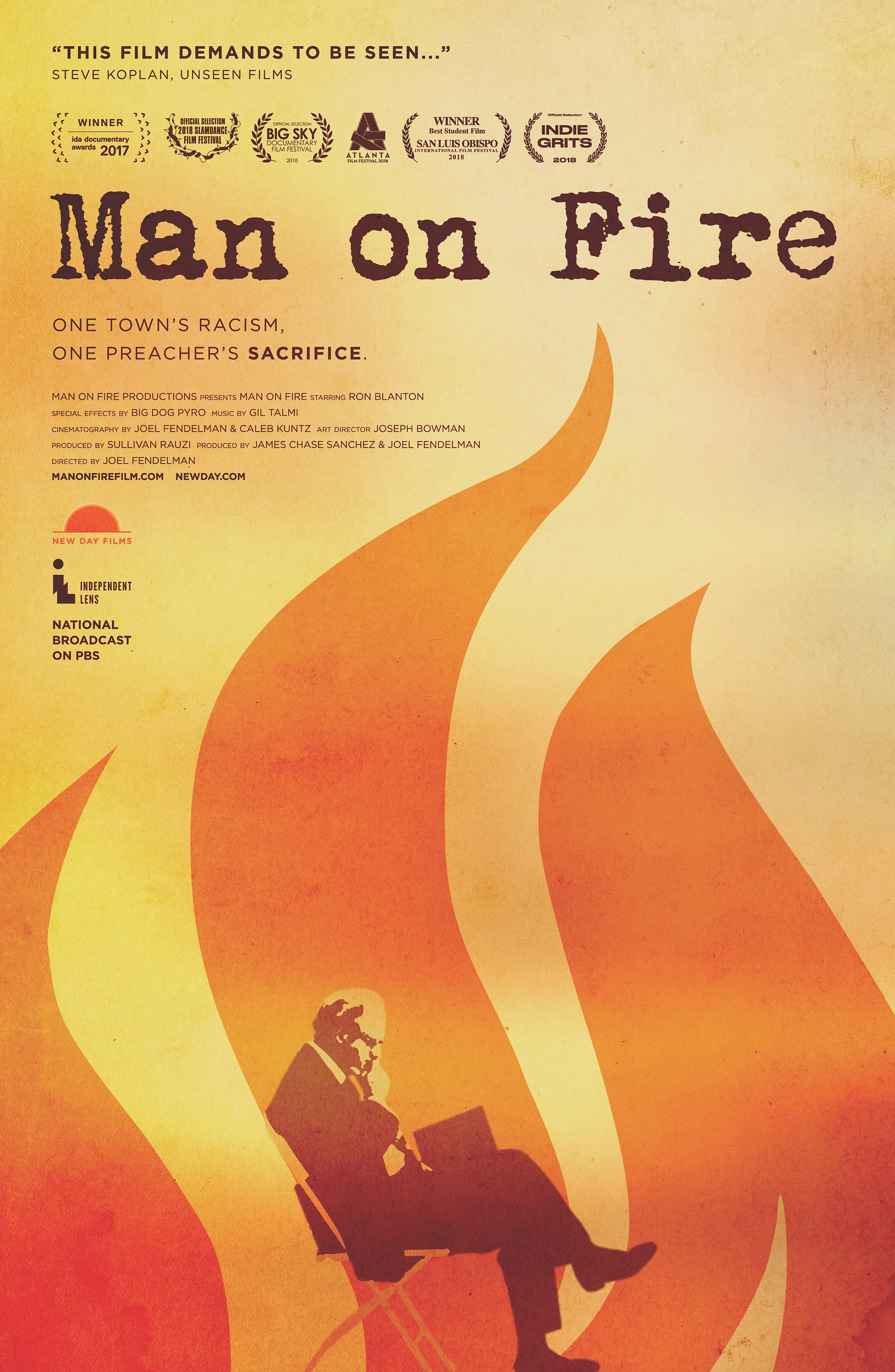 A poster for “Man on Fire,” a documentary that examines the 2014 self-immolation of retired United Methodist clergyman Charles Moore, and its effect on his East Texas hometown. Image courtesy of “Man on Fire” film.