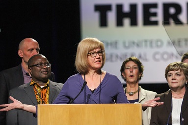 The Rev. Judy Zabel speaks during the 2016 General Conference in Portland, Oregon. She again chairs the Minnesota Conference delegation as it prepares for the special called session of General Conference, set for Feb. 23-26 in St. Louis. File photo by Maile Bradfield, UMNS. The Rev. Judy Zabel speaks during the 2016 General Conference in Portland, Oregon. She again chairs the Minnesota Conference delegation as it prepares for the special called session of General Conference, set for Feb. 23-26 in St. Louis. File photo by Maile Bradfield, UMNS.