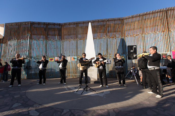A Mariachi band plays during the Posada celebration at El Faro Park in Tijuana.