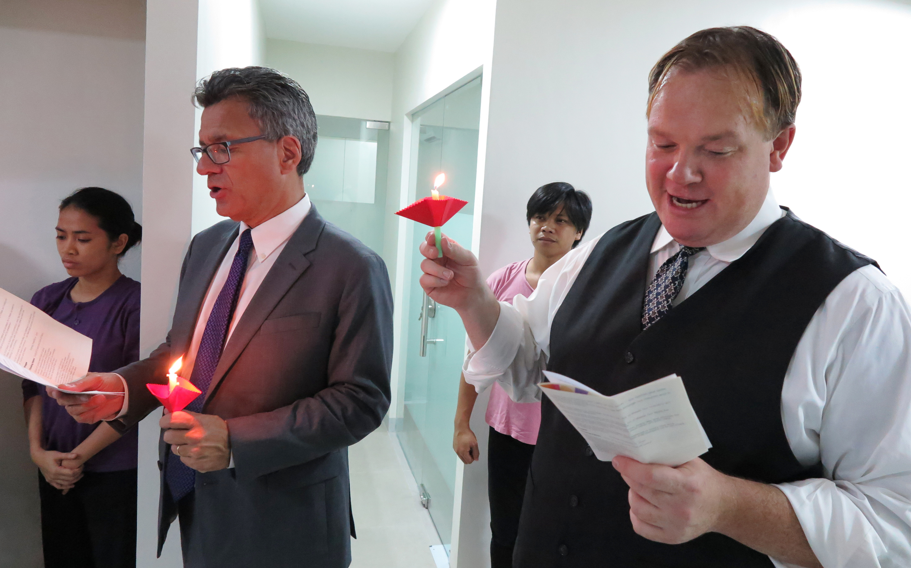 General secretaries Thomas Kemper from Global Ministries and Dan Krause from United Methodist Communications participate in a litany during the dedication ceremony of the new Manila Agency Center. Photo by Tim Tanton, UMNS.