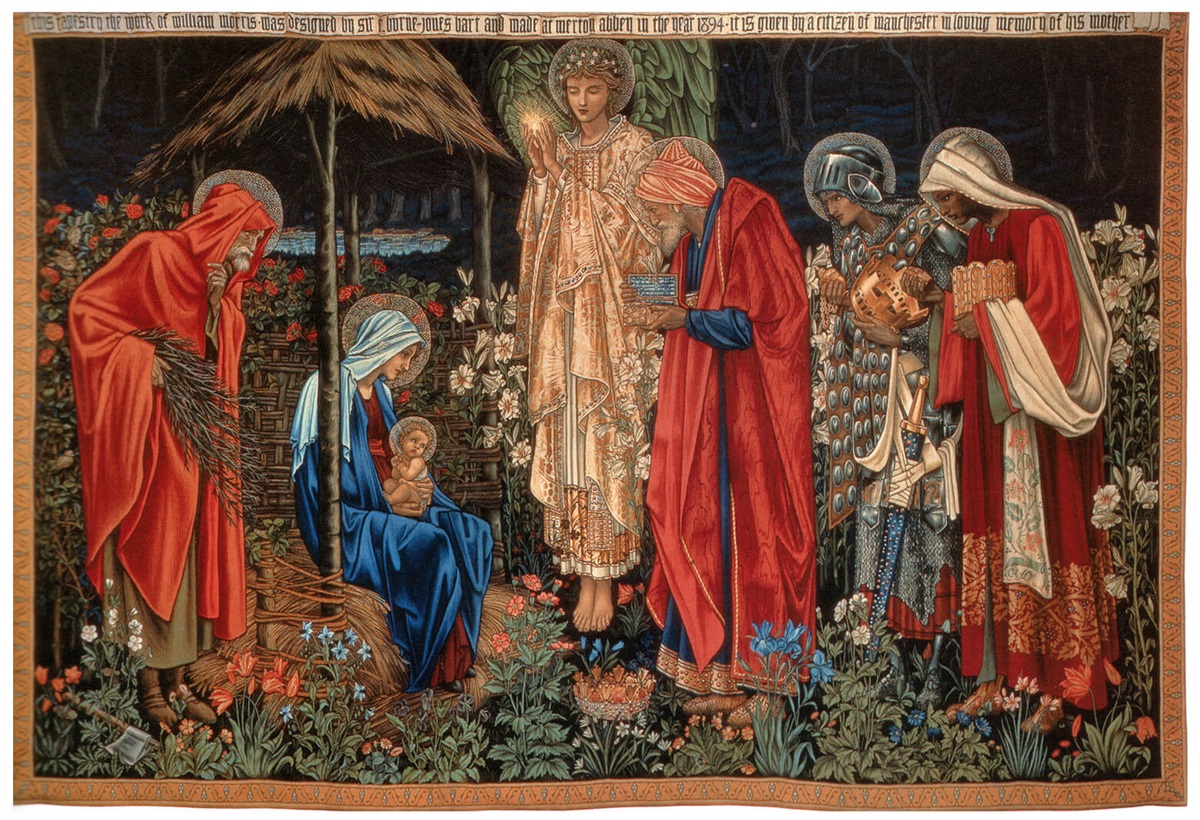 A tapeçaria Adoration of the Magi (Adoração dos Magos) que data de 1894 da Universidade Metropolitana de Manchester, Inglaterra. Imagem cortesia de Wikimedia Commons.