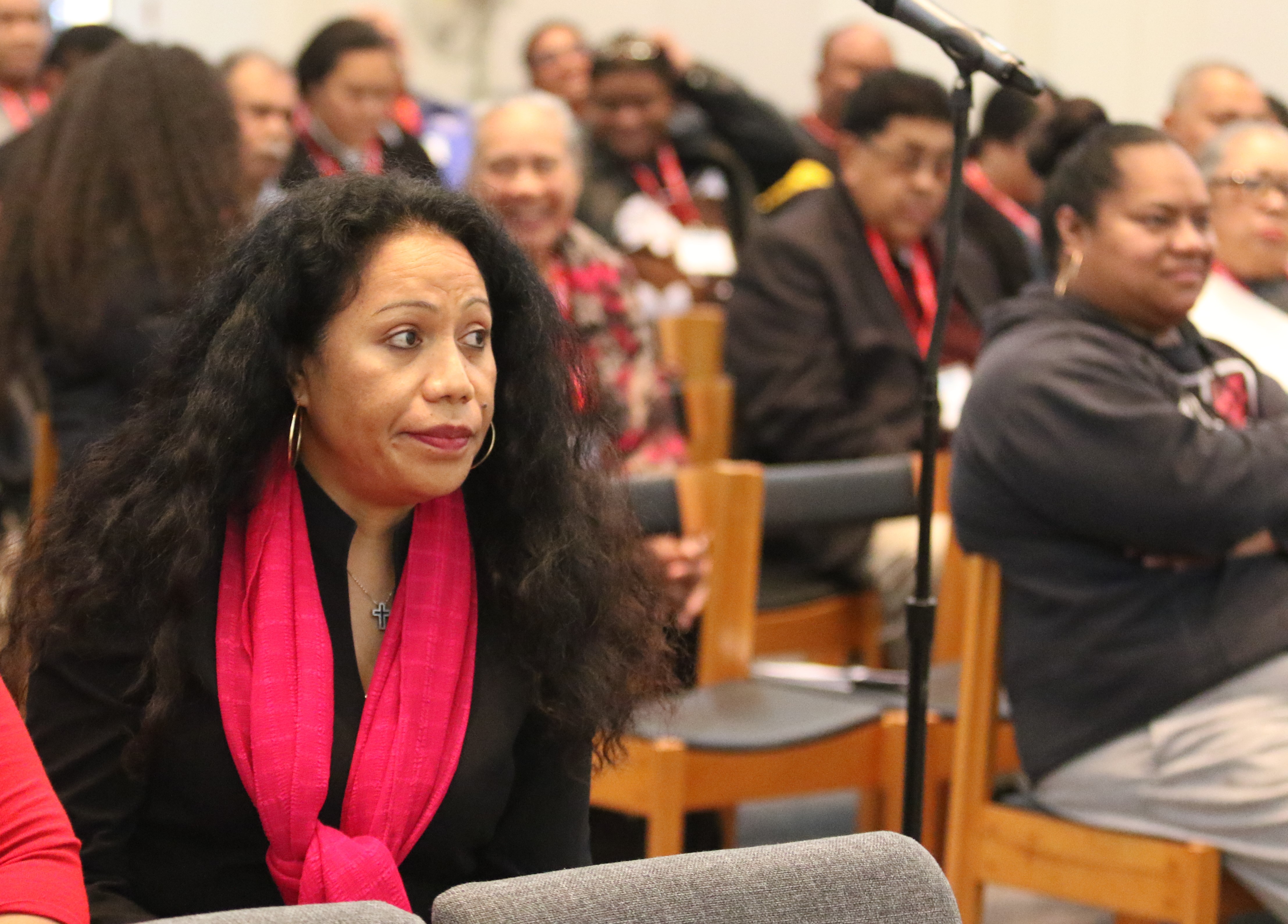 Mele Maka, a member of Moorpark United Methodist Church and a lay delegate of the Cal-Pac Conference to the General Conference pays attention to a presentation at the Pacific Islander Gathering held from December 9-11, 2018 in Claremont Seminary, CA. Photo by Thomas Kim, UMNS.
