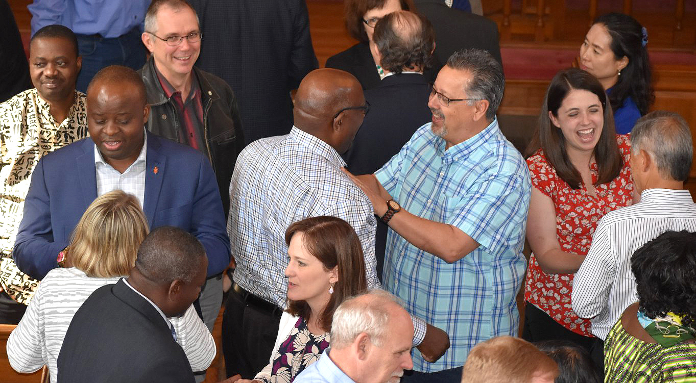 Members of the Commission on a Way Forward converse as they complete their final commission meeting on May 23, 2018, at the Upper Room chapel in Nashville, Tenn. Photo courtesy of Maidstone Mulenga, Council of Bishops. 