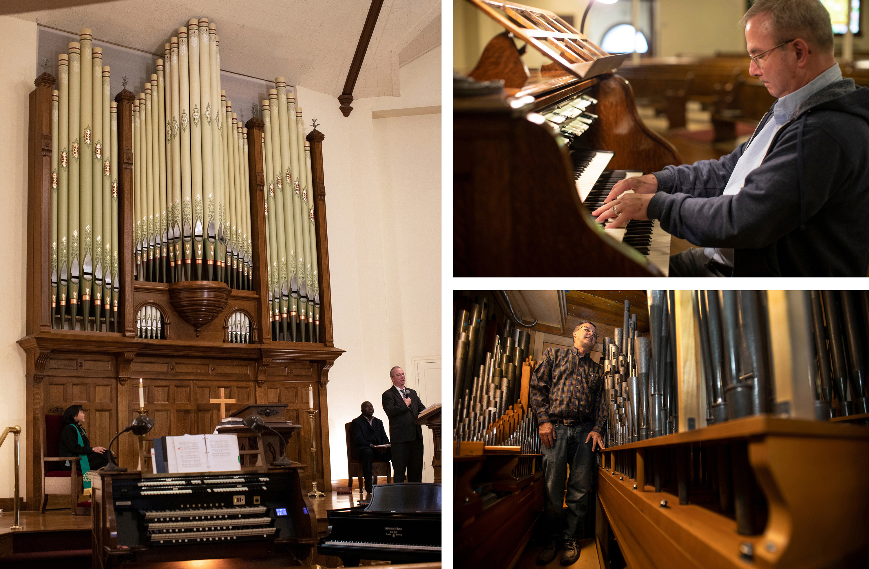 (Clockwise from left) Music director, Scott Mills, speaks from altar in front of the renovated Bigelow Organ Opus 38, a 43-rank pipe organ. Mills enjoys playing the organ on a Saturday. Historian, Mike Green, gives a “behind the scene” glimpse of the range of pipes not seen sanctuary.   