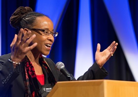 The Rev. Kennetha Bigham-Tsai takes part in a panel discussion during the Pre-General Conference Briefing in Portland, Ore. Photo by Mike DuBose, UMNS