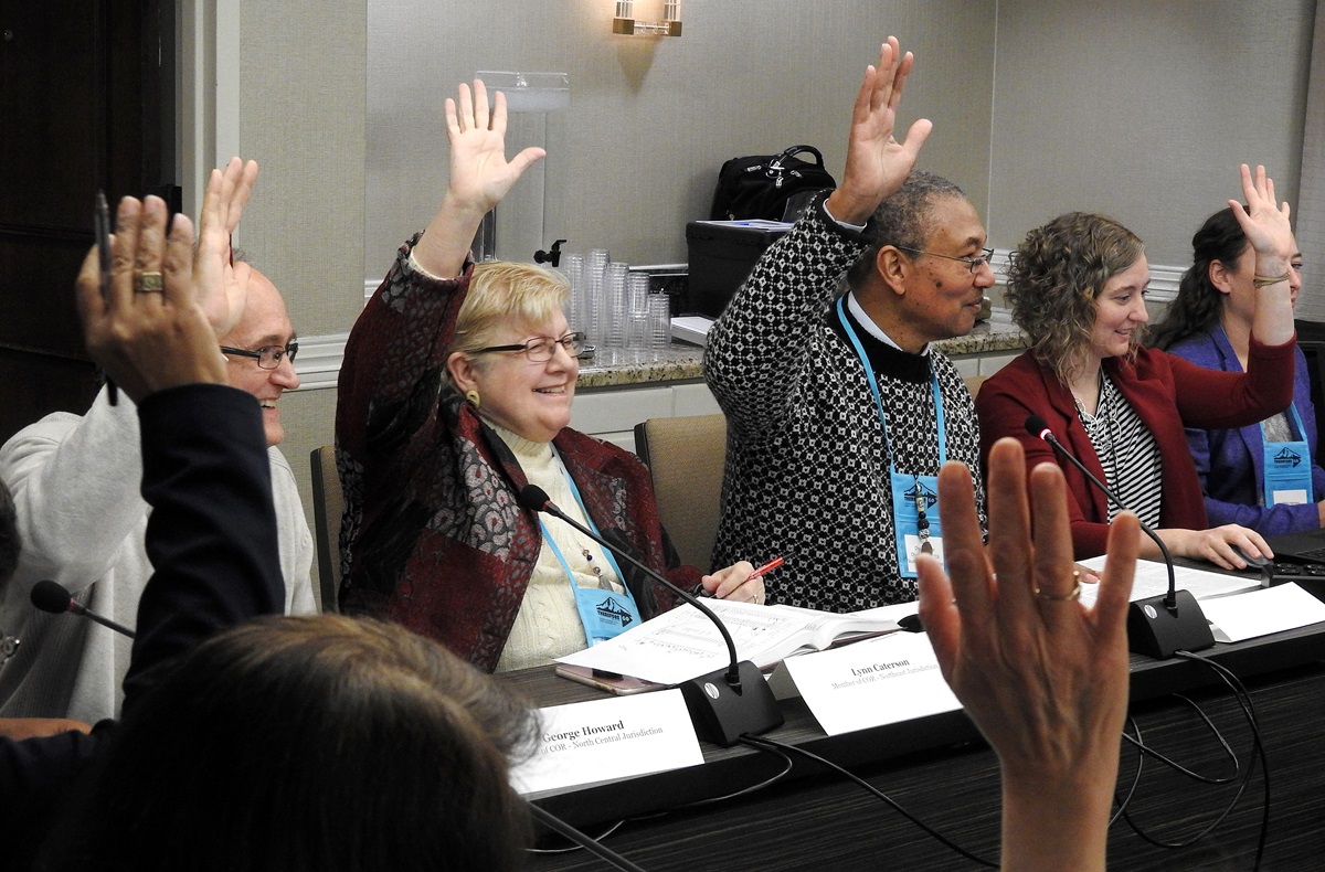 The Committee on Reference manages to retain a sense of humor while undertaking the challenge of deciding which petitions can be considered by the special session of the General Conference of The United Methodist Church. The panel met Jan. 11-12 near Dallas. Photo by Sam Hodges, UMNS.