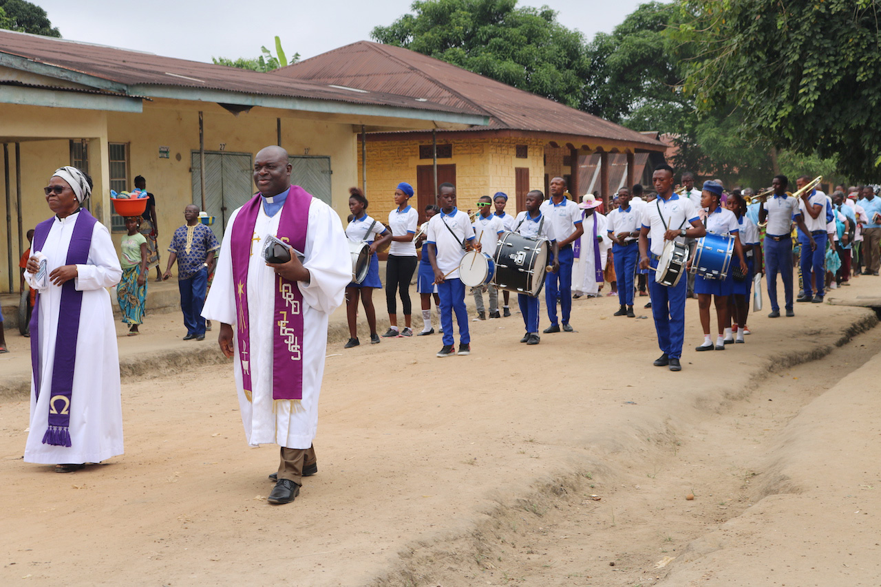 Grace United Methodist Church of Baiwalla celebrated its five-year anniversary in Kailahun, Sierra Leone. Church members marched through the streets as a way to celebrate and evangelize in this predominantly Muslim community. Photo by Phileas Jusu, UMNS.