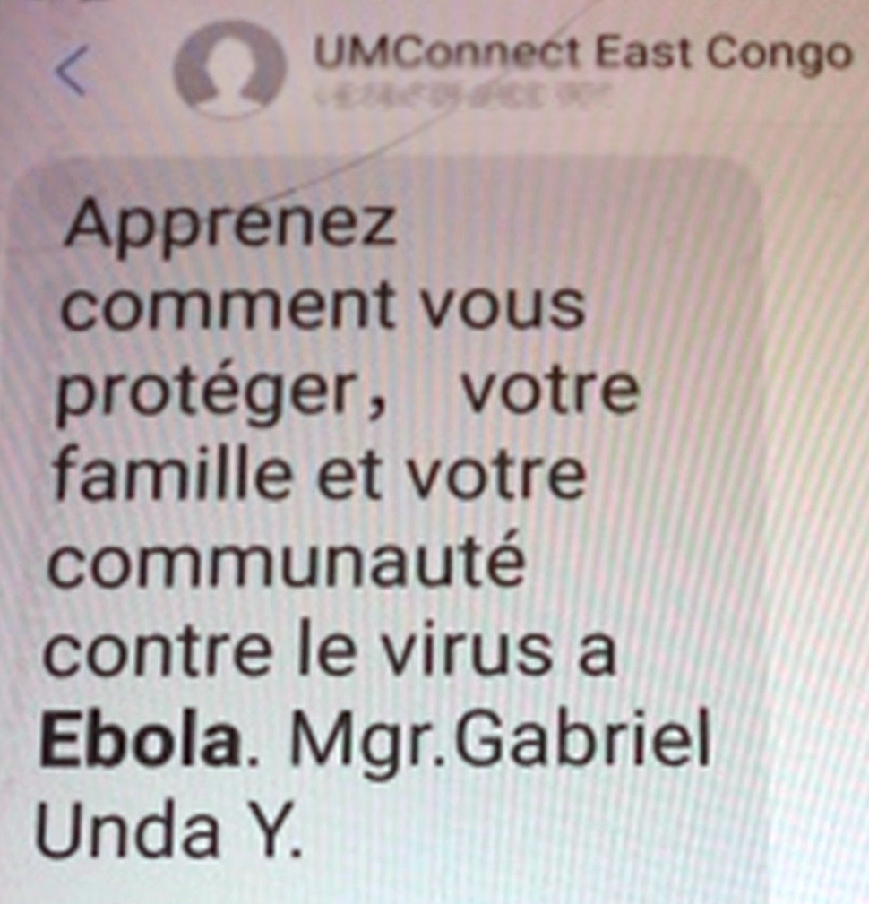 Daily text messages, delivered through United Methodist Communications’ UMConnect system, are being sent to raise awareness about Ebola prevention. A recent message from Bishop Gabriel Yemba Unda, Eastern Congo Episcopal Area, urged church members to protect themselves, their families and community from Ebola. Photo by Chadrack Tambwe Londe, UMNS.
