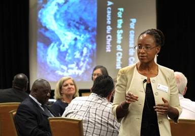 The Rev. Kennetha J. Bigham-Tsai attends a Connectional Table meeting in 2015. Bigham-Tsai, who was a Connectional Table member before becoming its top executive, helped develop the recommended allocations of the 2021-24 general church budget. File photo by Kathleen Barry, UMNS.