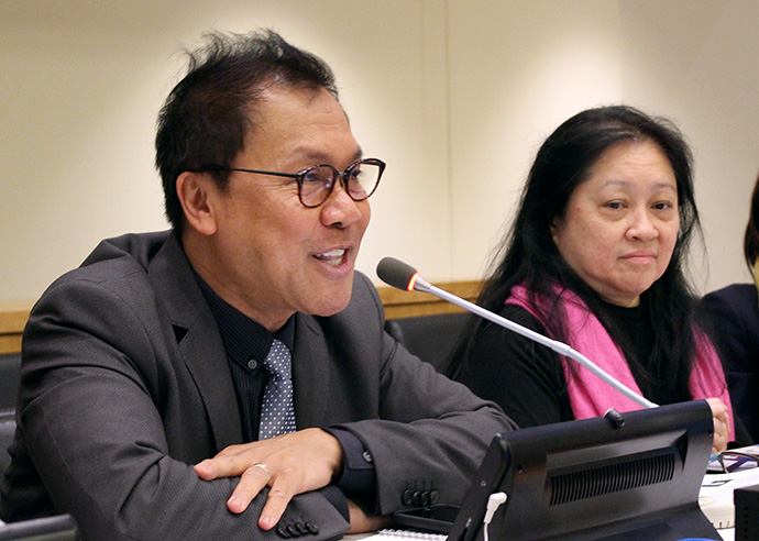 United Methodists speaking during the Fifth Annual Symposium on the Role of Religion and Faith-Based Organizations in International Affairs at the U.N. included the Rev. Liberato “Levi” Bautista, left, a Board of Church and Society executive, and Lidy Nacpil of the Philippines. Photo by Marcelo Schneider, WCC.