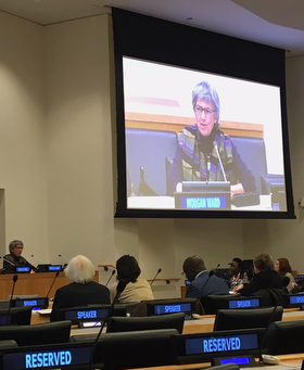 United Methodist Bishop Hope Morgan Ward (far left and on screen) was part of a panel presentation during a daylong symposium on the role of religion and faith-based organizations in international affairs at the United Nations. Photo by Linda Bloom, UMNS.