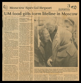 The Rev. Bruce Weaver’s leadership with United Methodist relief work in Russia began in the early 1990s, and was featured in the United Methodist Reporter, including this photo of him hugging a Russian woman in line for a food box. Weaver died Feb. 18, at age 97. Document scan courtesy of The Boston School of Theology.