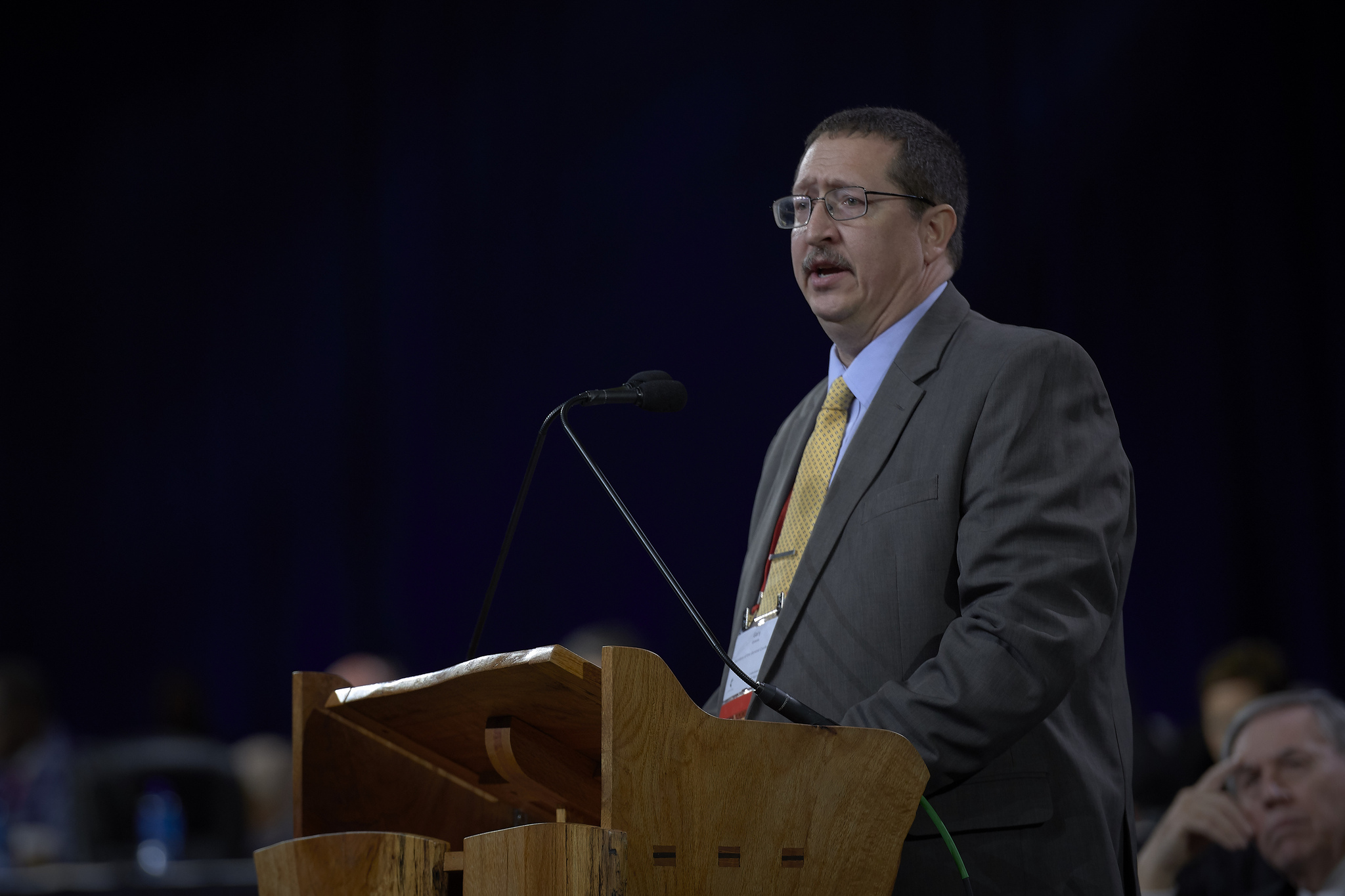 The Rev. Gary Graves announced that the United Methodist Judicial Council has received a petition for a declaratory decision from the Council of Bishops on the constitutionality petitions. Graves, secretary of the General Conference, made the announcement to the General Conference delegates during the Feb. 23 opening session. Photo by Paul Jeffrey, UMNS.