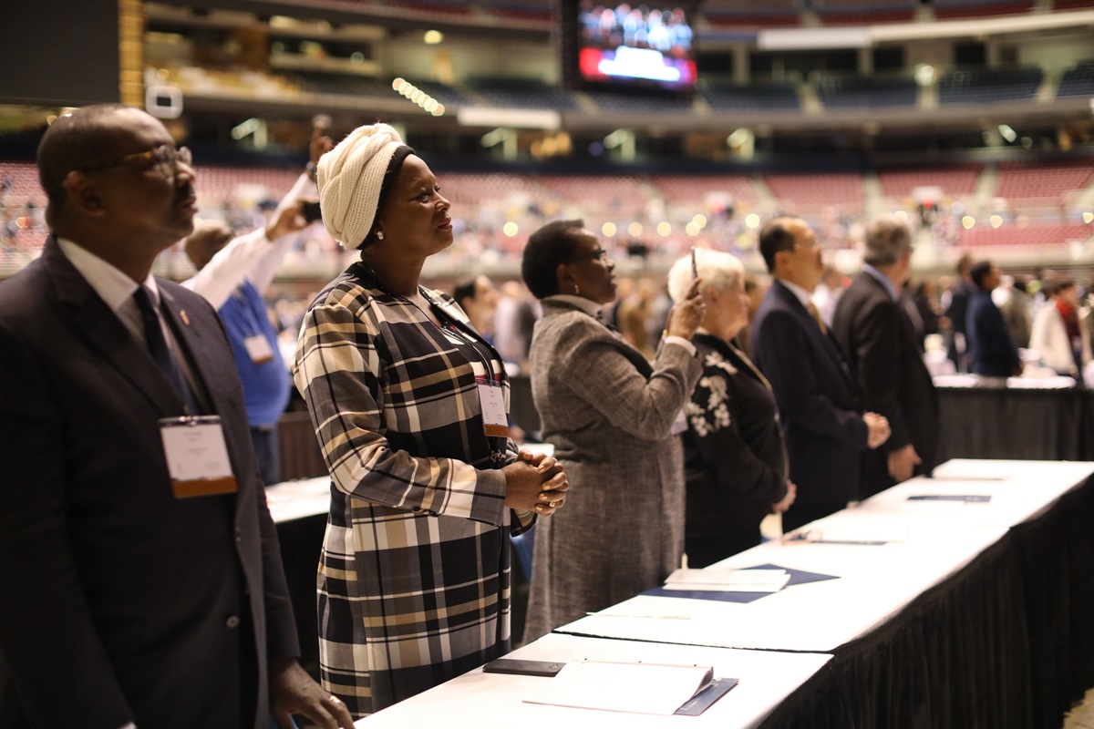 Members of the Judicial Council during the Feb. 23 morning of prayer at the 2019 Special Session of the United Methodist General Conference in St. Louis. Photo by Kathleen Barry, UMNS.
