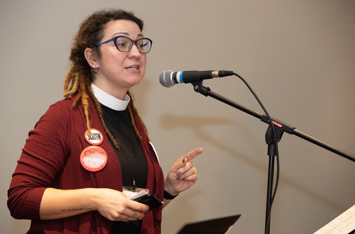 The Rev. Rachel Baughman urges support for the One Church Plan during a rally that extolled the GC2019 proposal that backers say keeps the United Methodist church together. The rally was held in a hotel meeting room outside the site of the 2019 United Methodist General Conference in St. Louis. Baughman is senior pastor of Oak Lawn United Methodist Church in Dallas. Photo by Mike DuBose, UMNS.