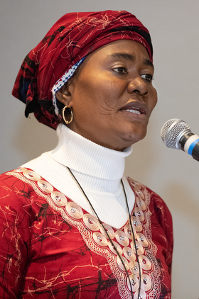 The Rev. Eunice Iliya, a hospital chaplain and General Conference delegate from Nigeria, speaks during a rally for the One Church Plan held Feb. 23 at the Hyatt Regency St. Louis at the Arch. Photo by Mike DuBose, UMNS.