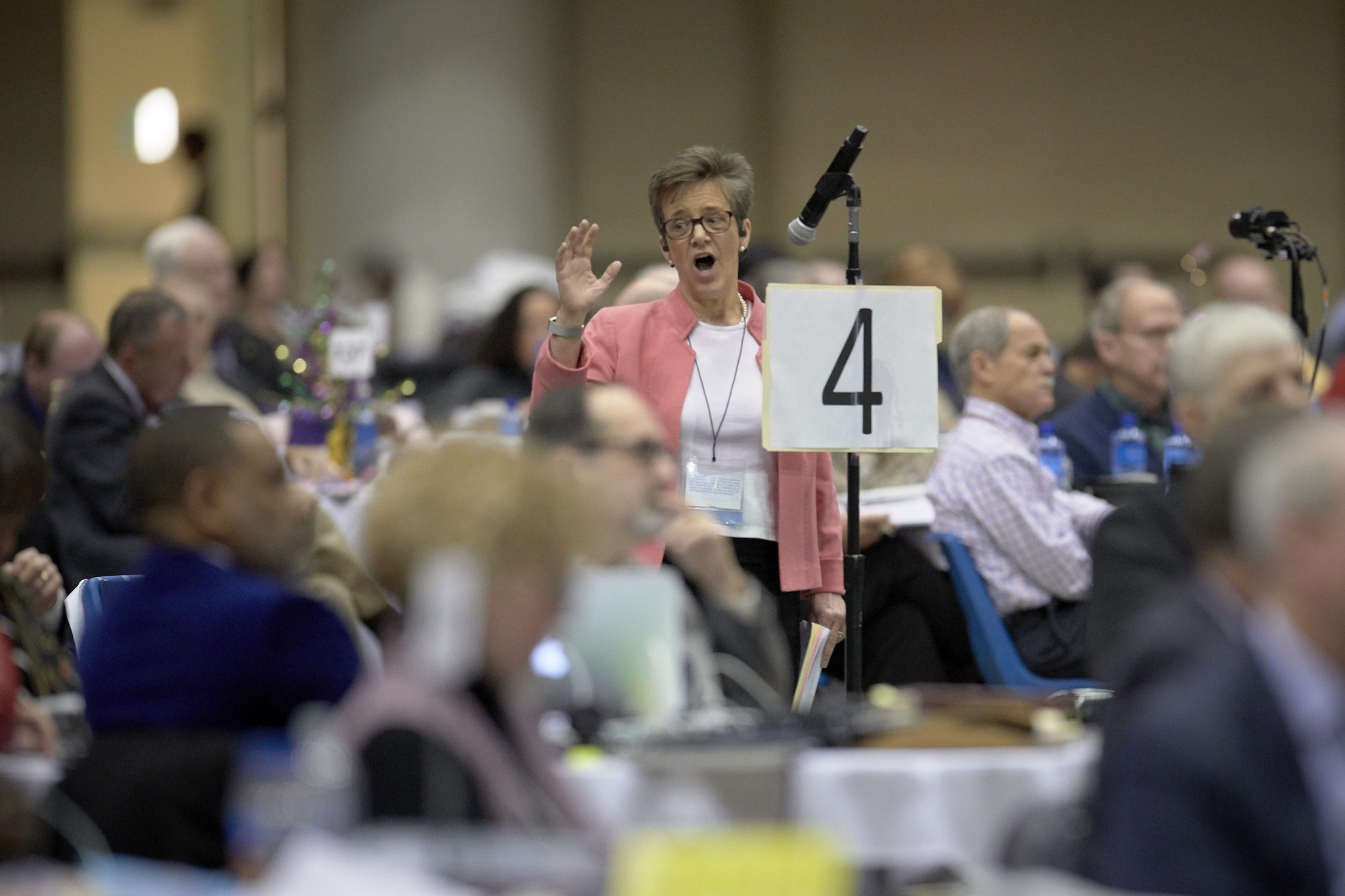 The Rev. Rebekah Miles, an Arkansas Conference delegate, speaks at the 2019 United Methodist General Conference in St. Louis. Miles spoke in favor of postponing a discussion of the Traditional Plan, which she opposes. Photo by Paul Jeffrey, UMNS.