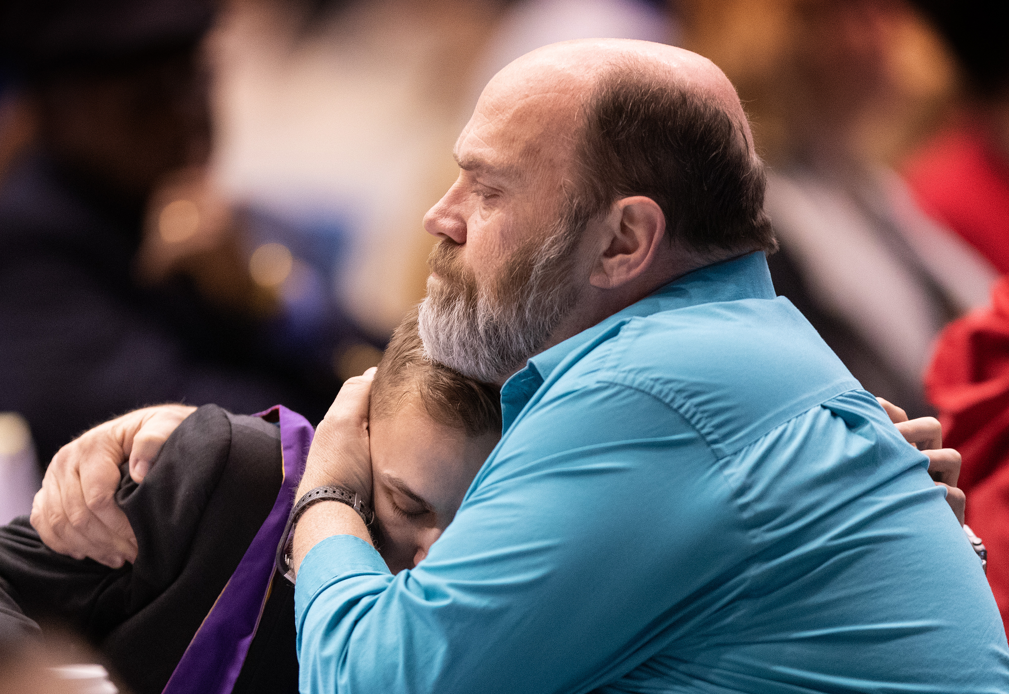 The Rev. Bill Mudge (right) comforts fellow delegate Jeffrey J.J Warren of the Upper New York Conference after Warren spoke in favor of full inclusion for LGBTQ persons in the life of The United Methodist Church during the 2019 United Methodist General Conference Feb. 25 in St. Louis. Photo by Mike DuBose, UMNS.
