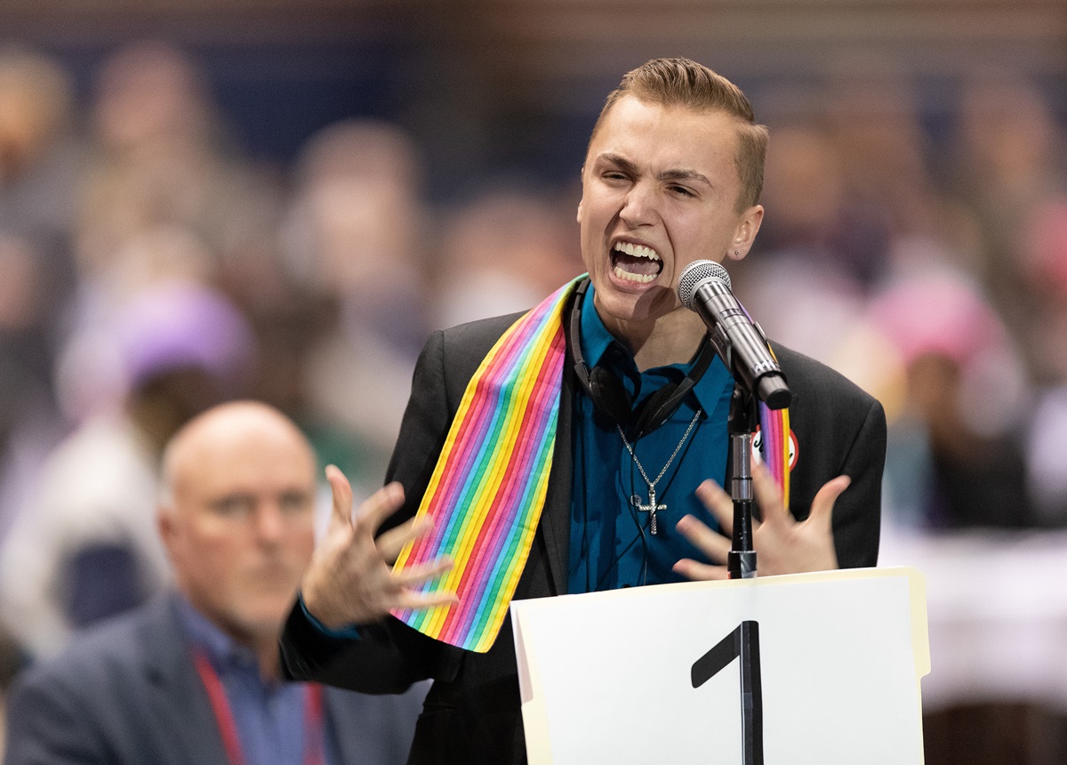 Jeffrey "J.J." Warren of the Upper New York Conference speaks in favor of full inclusion for LGBTQ persons in the life of The United Methodist Church during the 2019 United Methodist General Conference in St. Louis on Feb. 25. He received an emotional response from delegates and observers. The special conference was called in an attempt to help the denomination deal with its longstanding differences over sexuality. Photo by Mike DuBose, UMNS.
