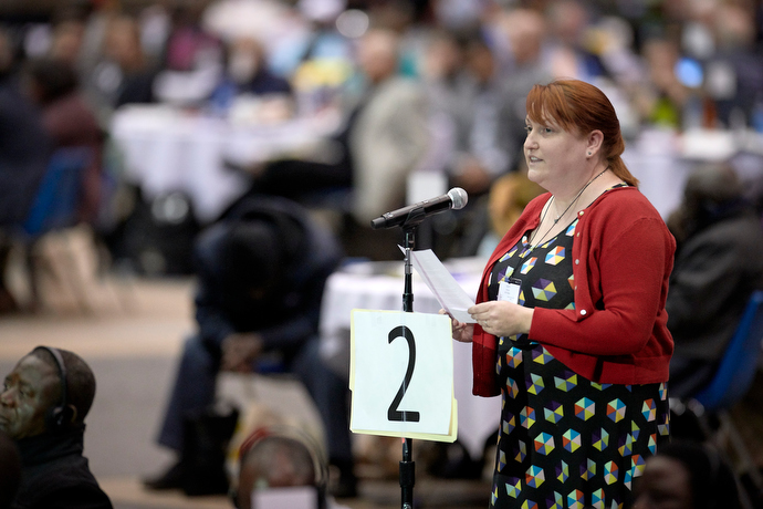 Aislinn Deviney, a delegate from the Rio Texas Conference, speaks during the debate on a vote to strengthen denominational policies about homosexuality. Deviney, who described herself as a young evangelical, said many young people “fiercely believe marriage is between one man and one woman.” Photo by Paul Jeffrey, UMNS.