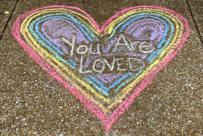 A message of love adorns the sidewalk outside Belmont United Methodist Church, a Reconciling Church in Nashville, Tenn. Leaders, members and volunteers drew messages of welcome and encouragement after the 2019 United Methodist General Conference voted to retain and strengthen the denomination’s restrictions against ordination of gay clergy and same-sex unions. Photo by Susan Fagan, Belmont United Methodist Church.